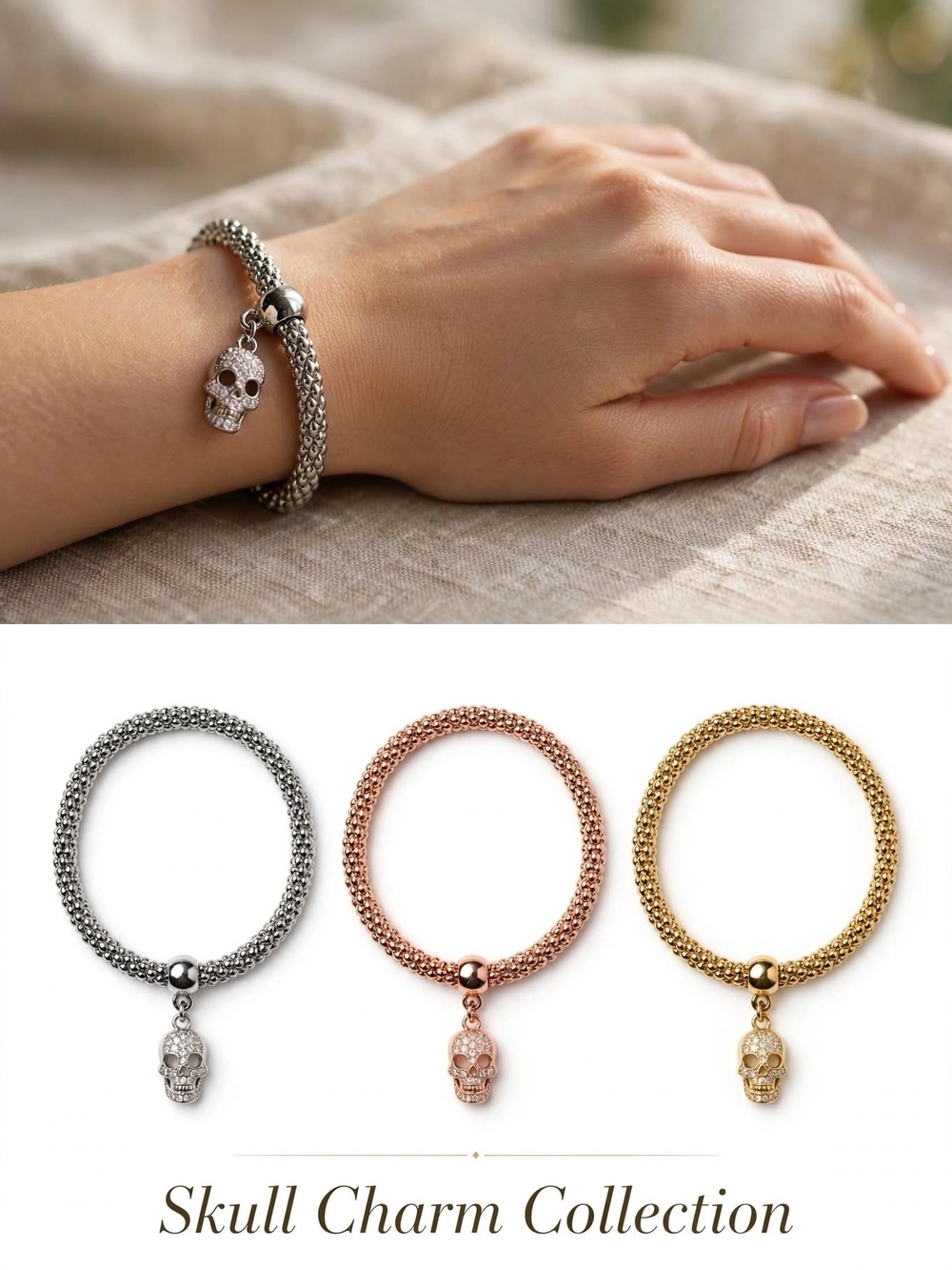 Skull Charm Chain Bracelet - Silver